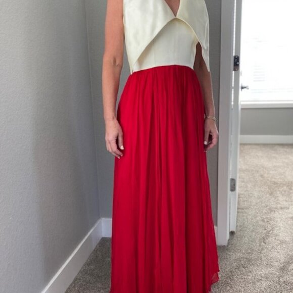 GORGEOUS Vintage 1960s Ivory Satin Halter Dress Red Chiffon Maxi Small 4 - Picture 15 of 16